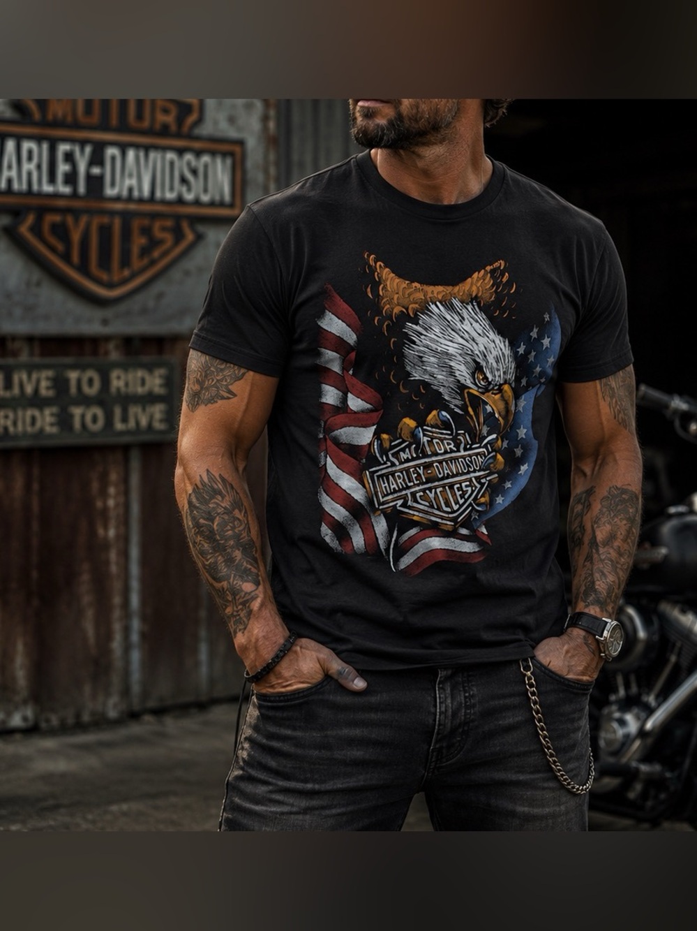 Harley-Davidson Stars & Stripes Eagle Tee Men’s L Black Graphic T-Shirt USA